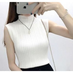 White Stretch Knit Top Mock Neck Sleeveless Knitted One Size Business Wear WT-03